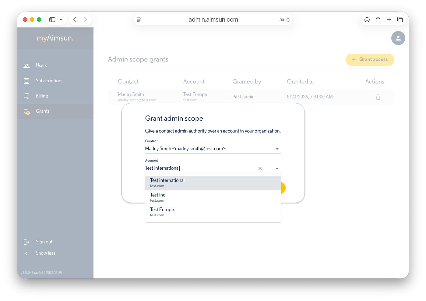 Aimsun Admin: Grant access Aimsun Admin: Grant access dialog