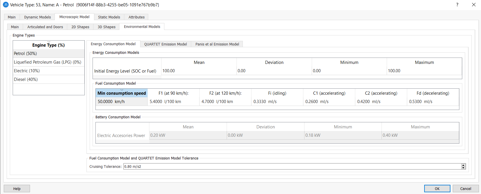 Vehicle Type editor - Microscopic Model Folder - Fuel consumption subfolder